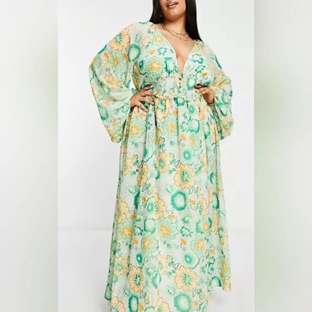 ASOS Design Curve NEW Floral Maxi Dress Womens Size 22 Green Orange Smocked Long